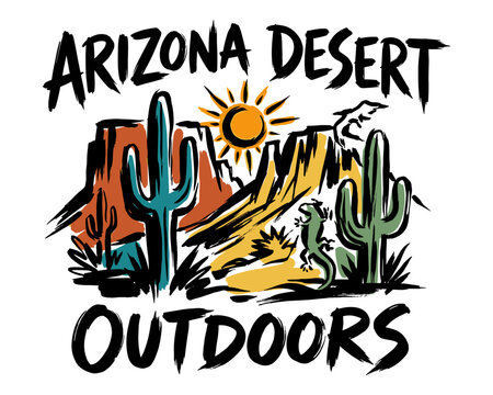 Arizona desert outdoors. Vintage mountain adventure print design for t shirt. Explore more. Wild west landscape.. Arizona desert outdoors. Saguaro cac