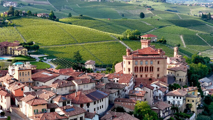 Fototapeta premium Aerial View of Barolo Village and Historic Castle in Piedmont Italy
