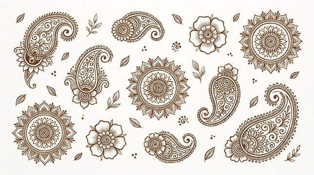 Hand drawn henna elements collection with paisley and mandalas