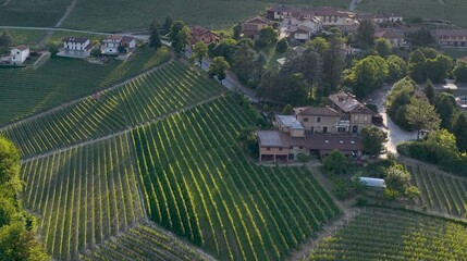 Fototapeta premium Aerial View of Barolo Vineyards and Rural Farmhouses in Piedmont Italy