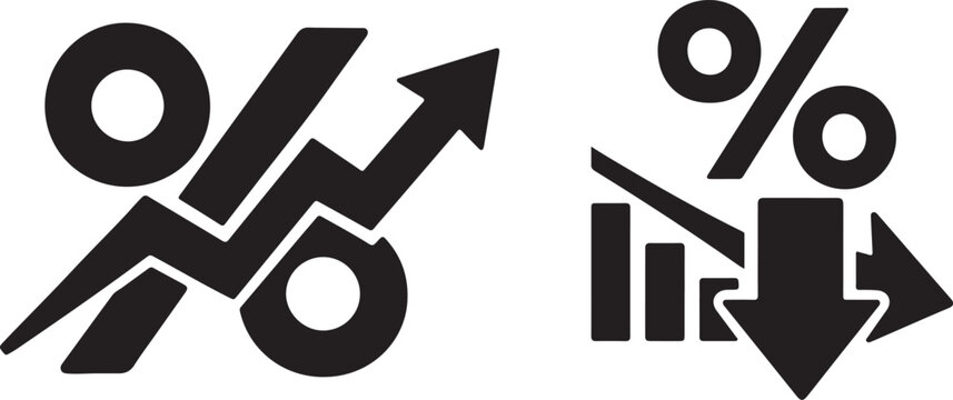 Financial analytics icon with percent symbol and upward downward market arrows