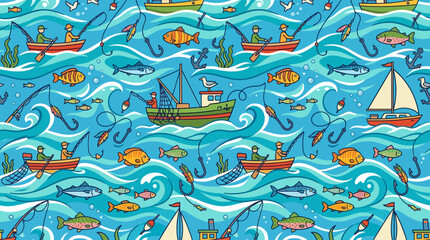 Naklejka premium Flat vector fishing seamless pattern, fish hooks, boats and ocean waves, colorful outdoor illustration