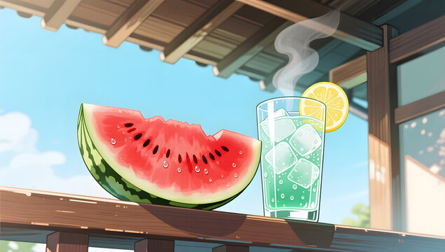 Sliced watermelon and iced drink on the porch for Summer Solstice