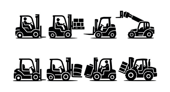 Set of forklift icons illustrating various loading and lifting operations in black and white