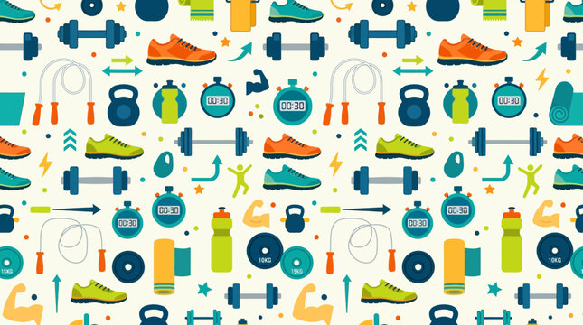 Simple fitness seamless pattern, dumbbells, sneakers and workout icons, modern flat vector aesthetic