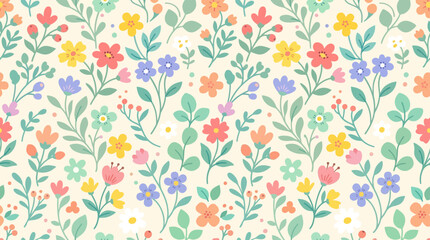 Flat vector floral pattern background, simple flowers and leaves, seamless repeat design, colorful minimal aesthetic, clean pastel background © Maftuh