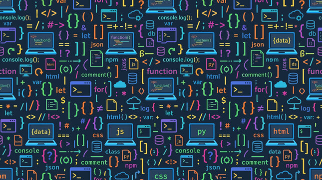 Flat vector coding seamless pattern, programming symbols, brackets and laptop icons, modern colorful tech aesthetic