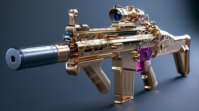 Ein goldenes, reich verziertes futuristisches Gewehr mit Zielfernrohr und violetten Akzenten vor einem neutralen Hintergrund.
