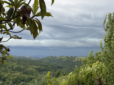 Stormy Clouds Over Rolling Green Hills in Piedmont Italy Landscape