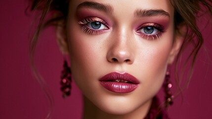 Fototapeta premium Nahaufnahme einer jungen Frau mit intensivem rotem Lippenstift, pinkem Lidschatten und glänzenden Ohrringen vor pinkfarbenem Hintergrund.