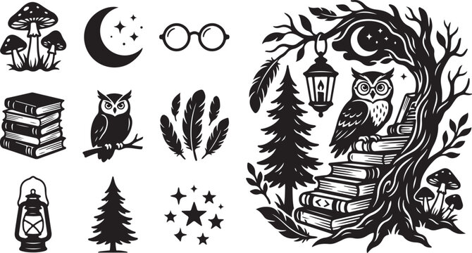 Whimsical forest scene with owl and books