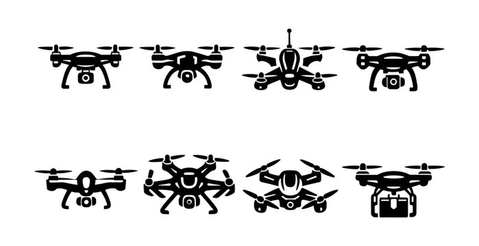Collection of eight distinct drone icons with cameras and propellers