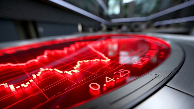 Ein digitales Display zeigt in roter Farbe einen Kursverlauf mit fallenden B&ouml;rsendaten und Zahlen in einem dunklen Umfeld.