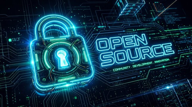 A glowing blue padlock with an open source label on a circuit board background