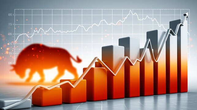 Eine orangefarbene Bullen-Silhouette steht vor einem Finanzdiagramm mit fallenden Balken und einer absteigenden Kurslinie.