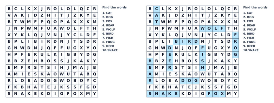 Word seek puzzle sheet with highlighted solutions in grid format .Filword.