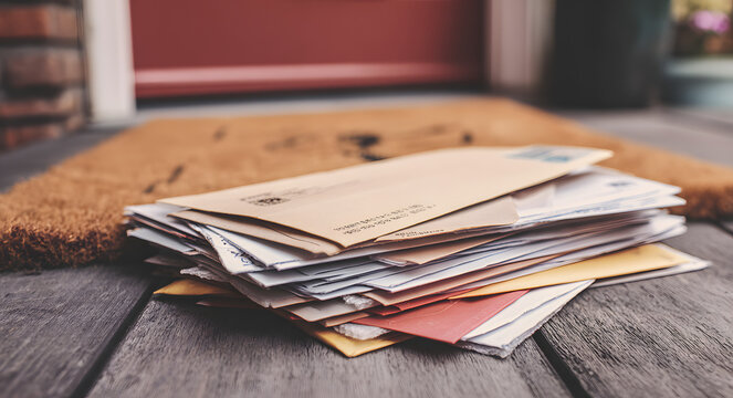 On the doormat, there is a stack of letters with past due and final notices.
