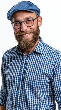 Ein fr&ouml;hlicher j&uuml;discher Mann mit Bart, Brille und blauer Schieberm&uuml;tze l&auml;chelt in die Kamera.