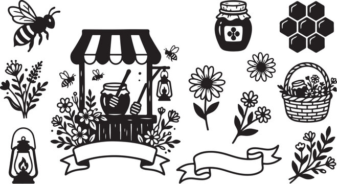 Black and white bee farm illustration set