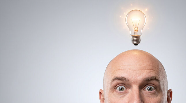 Idea Concept - Bald Man with Glowing Light Bulb Above Head, Creative Thinking and Innovation Inspiration