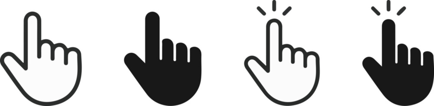 hand pointer finger click cursor icon set outline and solid flat design for interactive ui web and touch app design