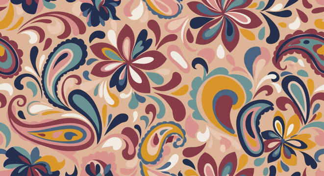 Vibrant floral patterns, colorful paisley designs, seamless textile backgrounds, bohemian style vector graphics, decorative border elements