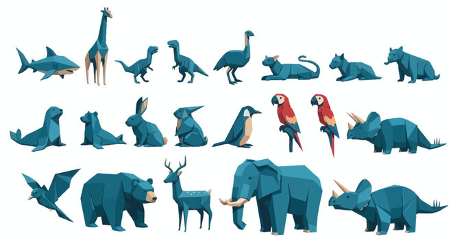 Teal animal icons, 25 blue wildlife symbols, vector illustrations, origami style, animal shapes, flat design elements