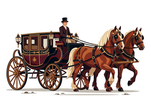 Vintage Horse-Drawn Carriage with Coachman and Two Brown Horses Isolated on White Background. Elegant Victorian Era Stagecoach Illustration for Travel and History.