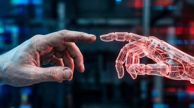 Human hand touching robotic hand in digital concept