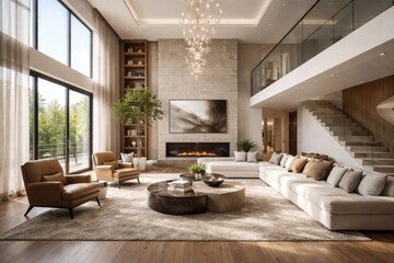 Fototapeta premium Spacious duplex living room scene showcasing elevated ceilings and designer furniture