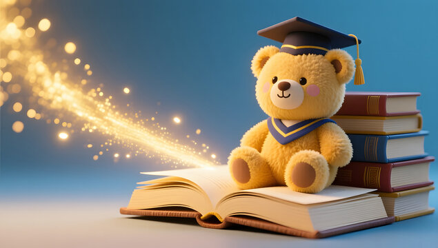 Graduation plush bear with academic cap sitting on books