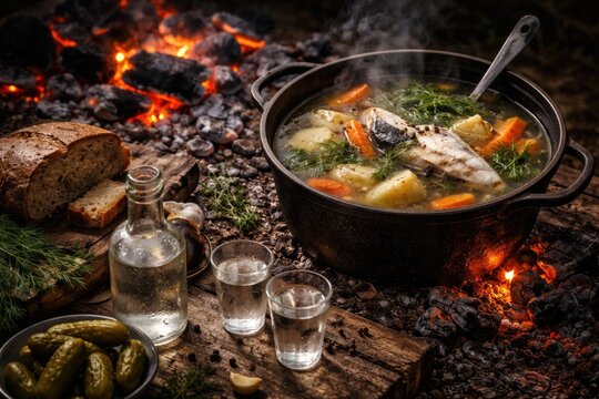 Rustic presentation of Russian ukha soup alongside vodka and ember coals