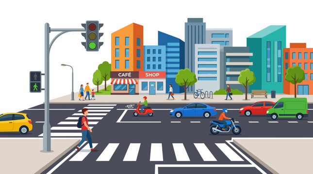 Colorful urban cityscape with traffic and pedestrians at intersection