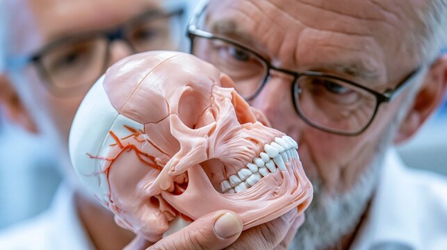 Ein &auml;lterer Arzt mit Brille h&auml;lt ein anatomisches Sch&auml;delmodell und betrachtet es aus n&auml;chster N&auml;he.