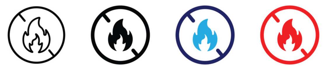 No open flame prohibition sign with crossed fire icon in circle. Fire ban and restriction symbol representing danger, safety warning, hazardous area, and no flame usage allowed. Industrial safety © Solayman