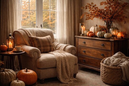 Relaxed living room with a plush armchair commode and ornamental pumpkins