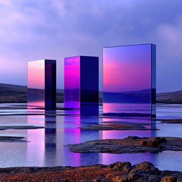 Three massive dark purple monolithic structures standing on wet rocky shore reflecting in tide pools under overcast sky Concept of mysterious alien landscape