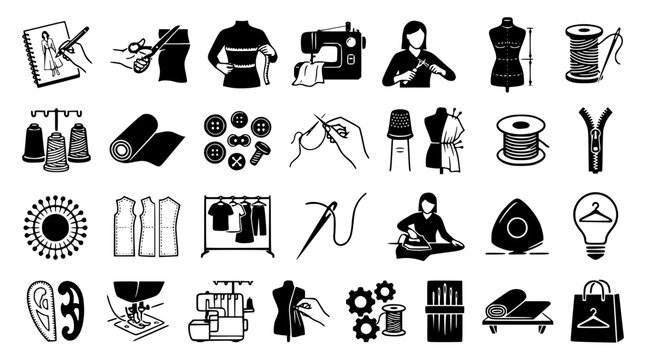 Black and white illustration of various sewing and fashion icons