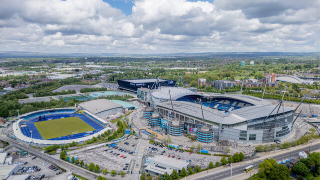 Etihad Stadium, Manchester City Football Club, aerial view of the modern football stadium and surrounding sports campus in Greater Manchester. 