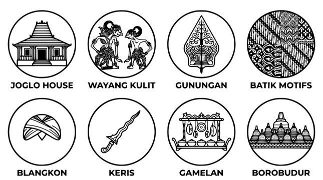 Traditional Indonesian cultural symbols and icons in black and white