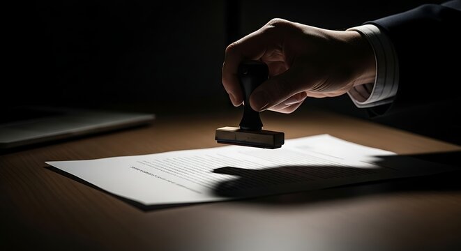 Hand stamping a legal contract document in dramatic lighting