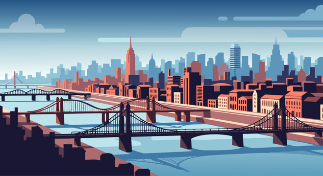 Riverfront cityscape with bridges spanning across water