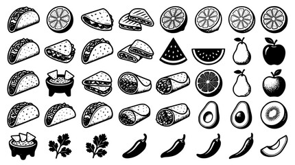 Obraz premium Set of mexican food and fruit icons in black and white