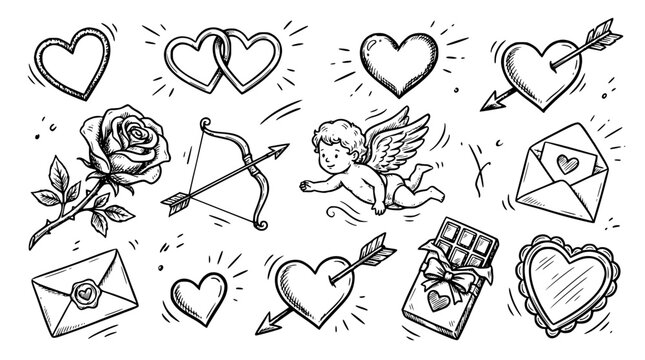 Valentine's Day symbols and objects in a cute illustration