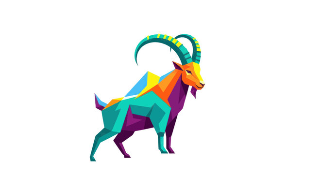 Colorful Geometric Ibex with Large Horns on White Background