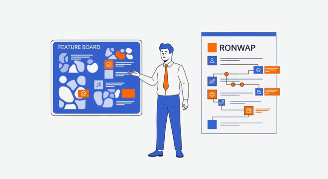 Man presenting feature board and project plan development, business concept