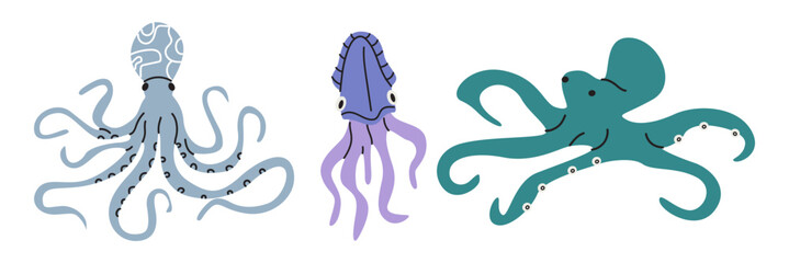 Set of octopuses and squids swimming in cartoon doodle style. Marine wild life vector illustration isolated on white background © luamor