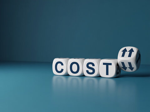 Dice spelling COST with up and down arrows for business finance and expense management, blue background