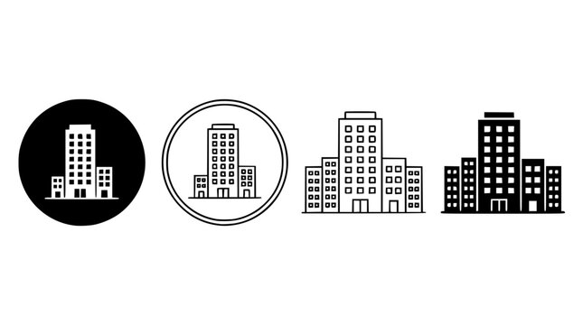Various city skyline icons in different design styles and formats shown