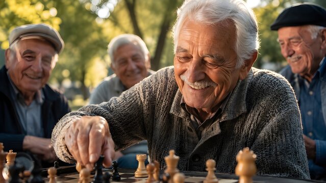 Authentic Portrait of a Smiling Wise Senior Man with Natural Wrinkles Playing Chess in a Park with Friends